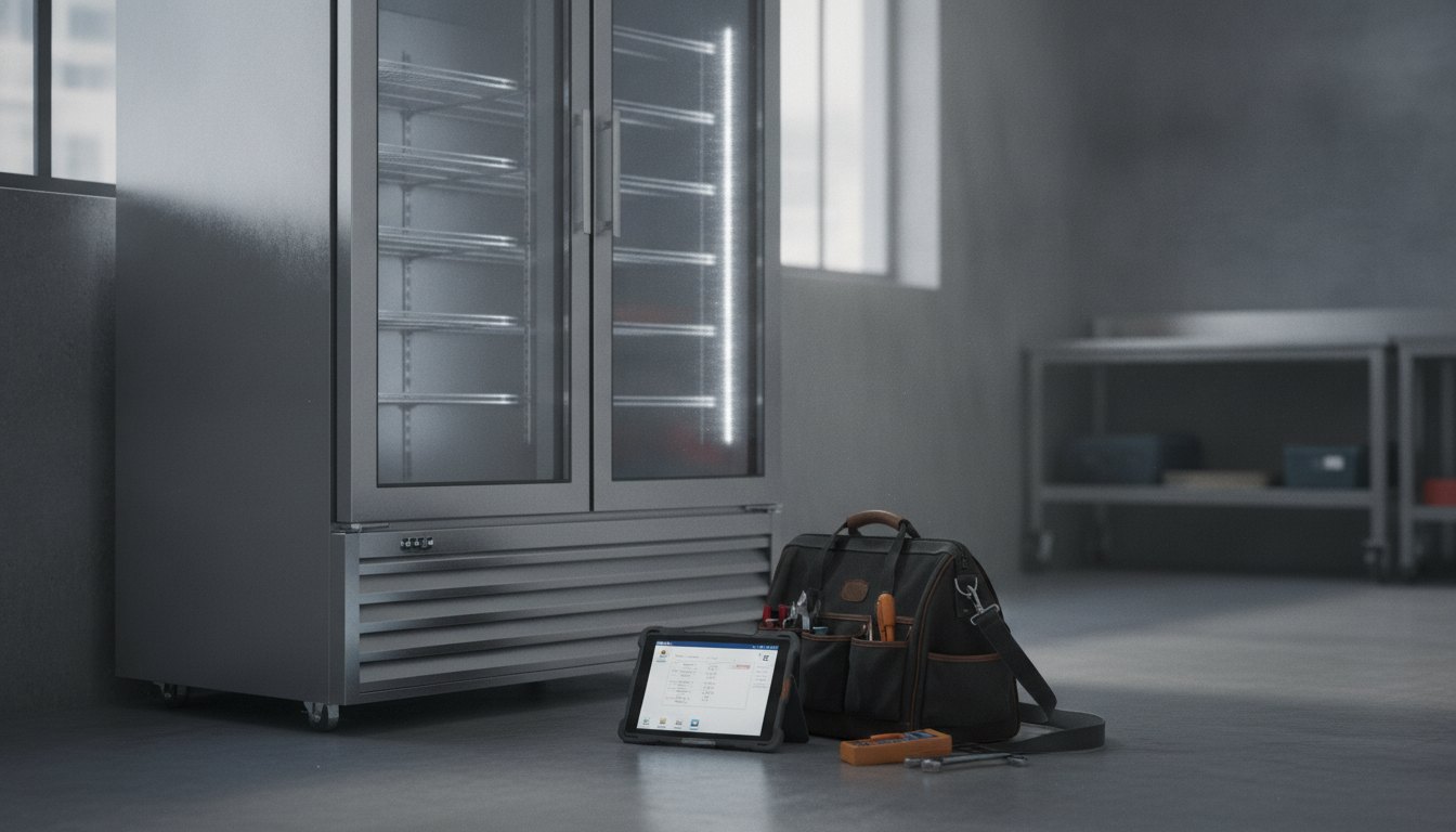 Profissional de manutenção digitando em um tablet ao lado de um refrigerador comercial de aço.