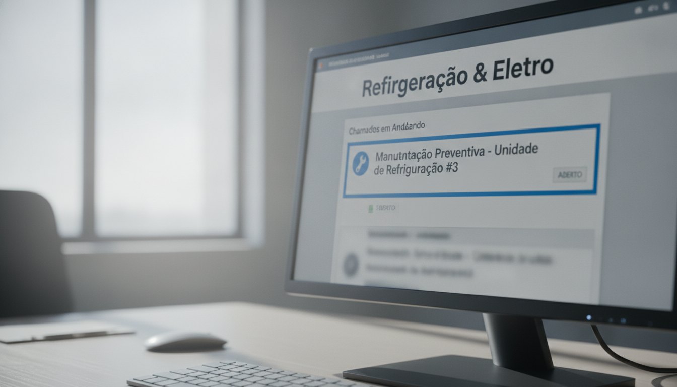 Tela de computador mostrando um painel de mensagens corporativas com um chamado de manutenção aberto.