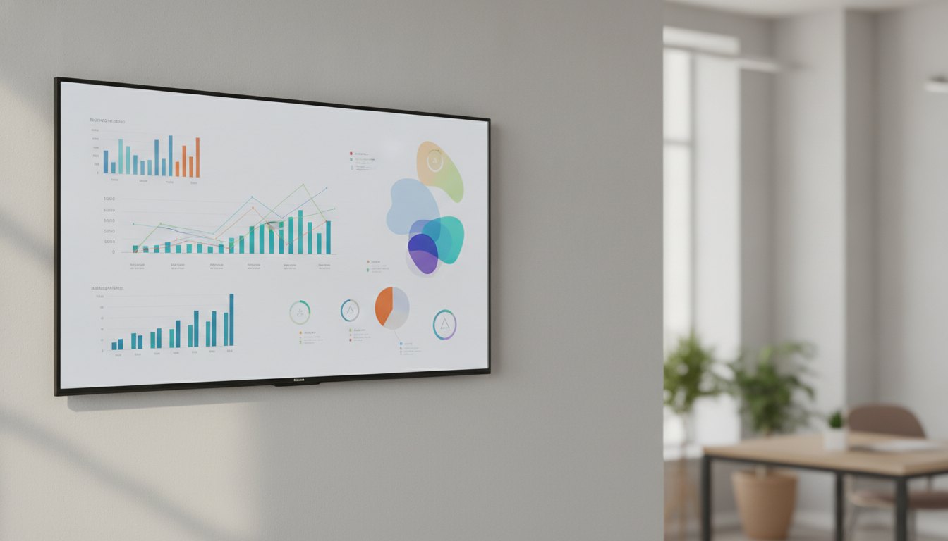 Televisor fixado em parede de escritório exibindo gráficos e avisos coloridos para funcionários.