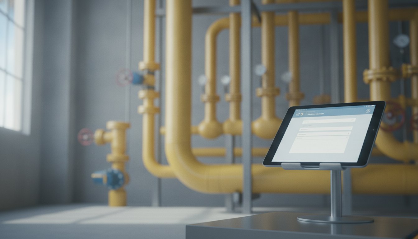 Técnico de manutenção preenchendo formulário em tablet diante de tubulações industriais amarelas.