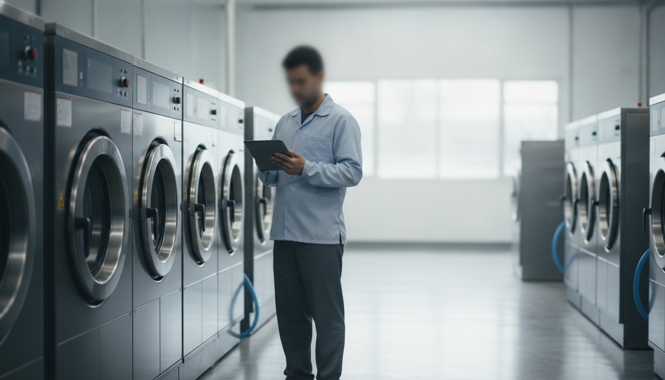 Funcionário com tablet em frente a máquinas de lavar industriais em uma lavanderia corporativa.