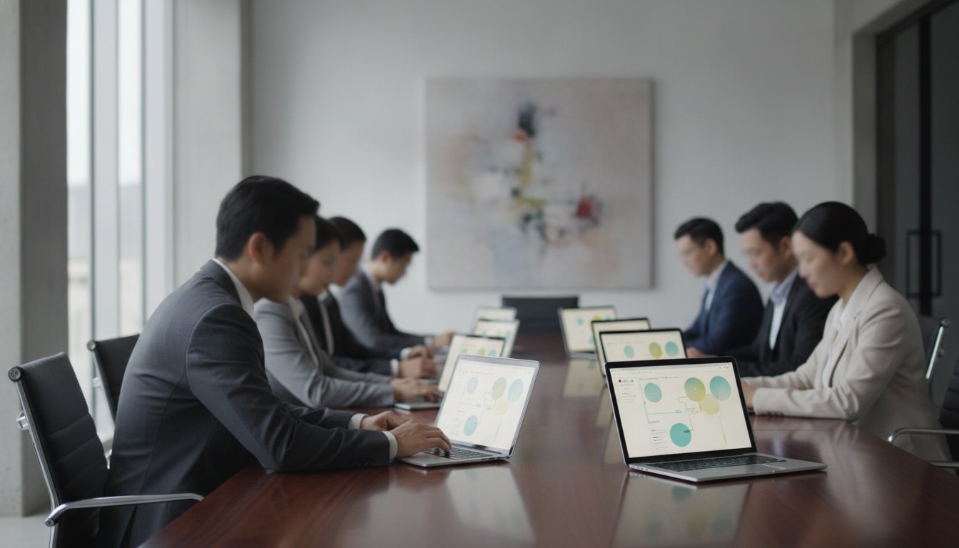 Executivos sentados ao redor de uma mesa de reunião olhando para telas de notebooks e tablets.