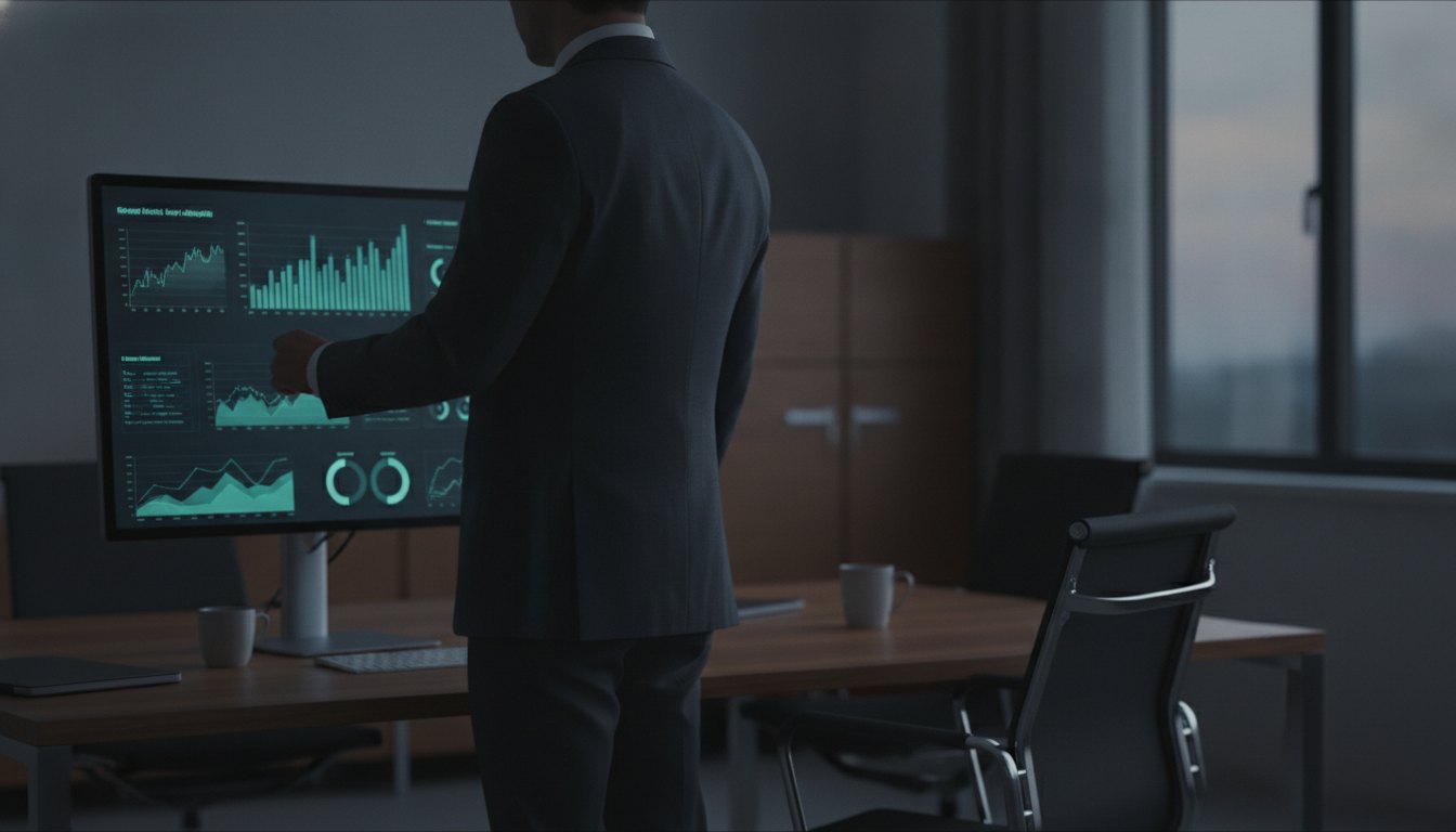 Homem de terno analisando gráficos em um monitor iluminado em um escritório escuro.