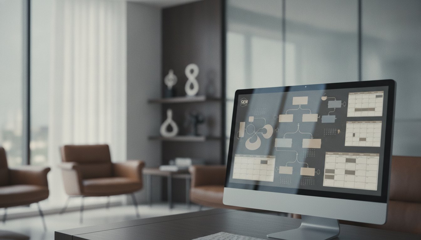 Tela de computador exibindo um painel digital com fluxogramas e calendários em um ambiente corporativo.