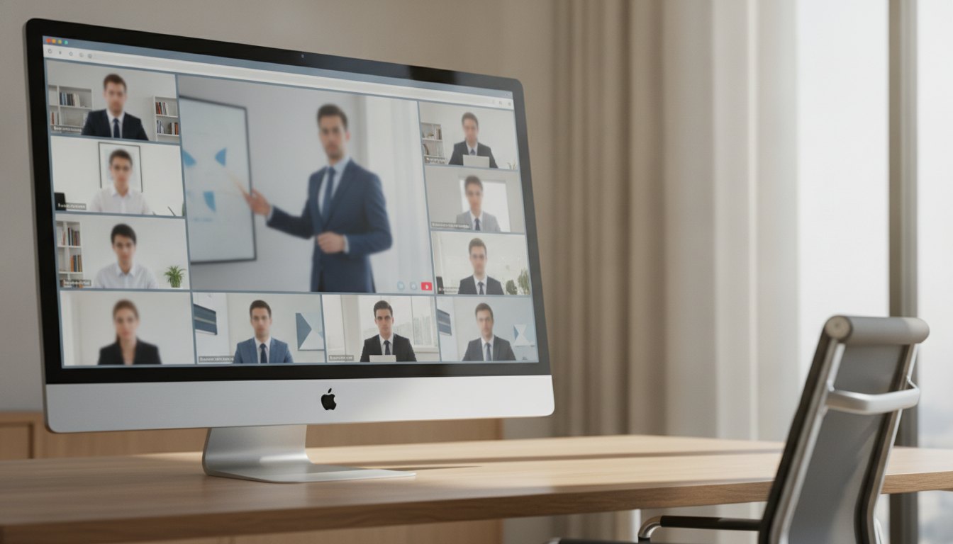 Tela de computador exibindo um executivo em apresentação ao vivo para diversos funcionários conectados simultaneamente.
